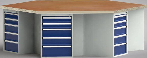 KLW Standard-Werkbank in Sechseckform (ERGO-Version) mit Buchen-Multiplexplatte in 6-Eck-Form 2338 x 2700 x 40 mm L x B x S, WS620E-1350M40-E8007