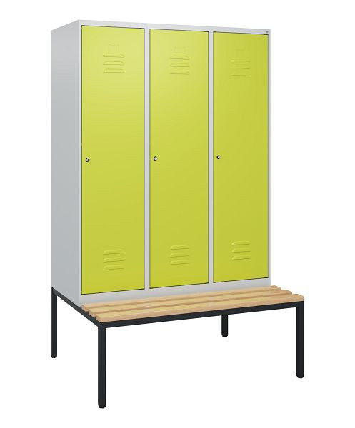 C+P Umkleidespind Classic PLUS, mit untergebauter Sitzbank, 3 Abteile, 1950x1200x815mm, 7035/0024, Zylinderschlösser, Buche-Sitzleisten, 0800505-32 S10025