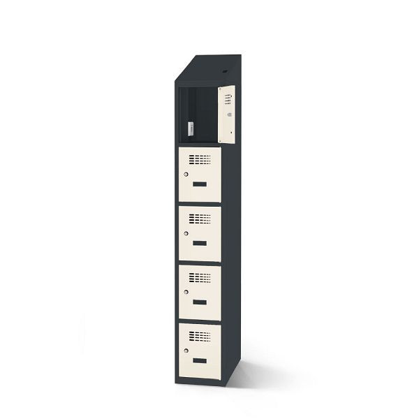Rotstahl Fächerschrank, 5 Fächer, kurzer Sockel, mit Ladefunktion, Schrägdach, Korpus: anthrazitgrau, Türen: reinweiß, 2180-010500-0301112-7016-9010