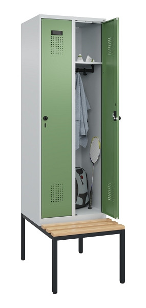 C+P Spind Evolo PLUS, 2 Abteil, 2120x600x815mm, 7035/6011, Drehriegel, Sitzfläche Buche-Hartholz, Sitzbank, 0490507-20 S10010