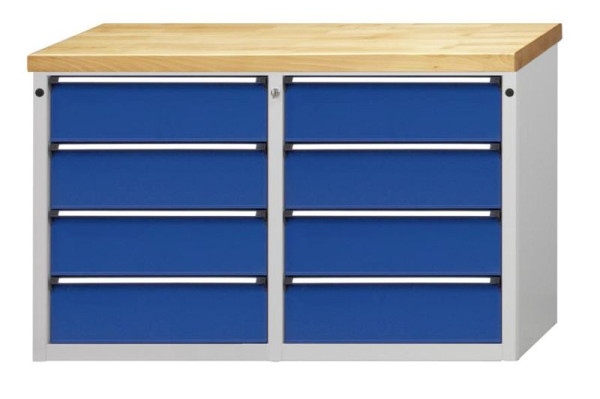 ANKE Werkbänke Beistellschrank; 1280x650x900 mm; RAL 7035/5010; Buche-Massiv-Platte 50 mm; Links 4 Schubladen; Rechts 4 Schubladen, 600.118