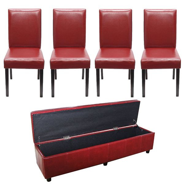 Mendler Garnitur Sitzgruppe Bank mit Aufbewahrung Kriens XXL+4 Stühle Littau, Kunstleder/Leder, rot, 12871+7978+7978