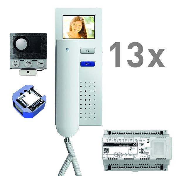 TCS video Einbau Briefkasten, 13 Wohneinheiten, Einbaulautsprecher ASI12000 + 13x Türtelefon IVH3222, Steuergerät + Videozweidrahtsender, PVIH130/001