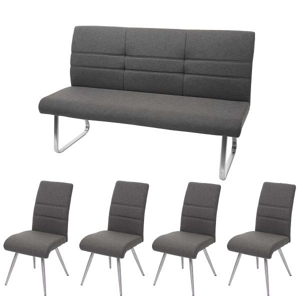 Mendler Set 4x Esszimmerstuhl+Sitzbank HWC-G55, Bank Küchenstuhl Stuhl, Stoff/Textil Edelstahl, grau-braun Bank 180cm, 73577+73578+2x71708