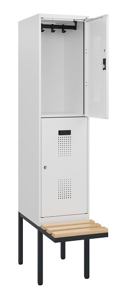 C+P Doppelstock-Spind Evolo PLUS, Bank, 2 Fächer, 1950x400x815mm, 9016/9016, Zylinderschloss, Sitzfläche Buche-Hartholz, 0493405-12 S10053