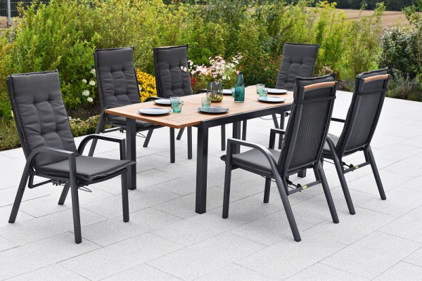 Merxx Tilos Set 13-teilig, 6 Tilos Sessel, Rückenlehne durch Gasdruck verstellbar, 6 Kissen, uni grau, 1 Tilos Ausziehtisch, 150 (200) x 90 cm, 50981-800