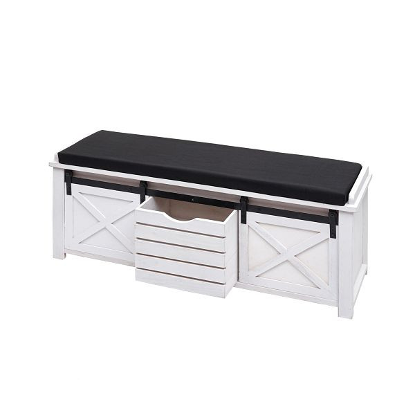 Mendler Sitzbank mit Staufächern HWC-H53, Polsterbank Sitz-Kommode, Shabby-Look Massiv-Holz Metall Stoff 43x102x33cm, weiß, 73776