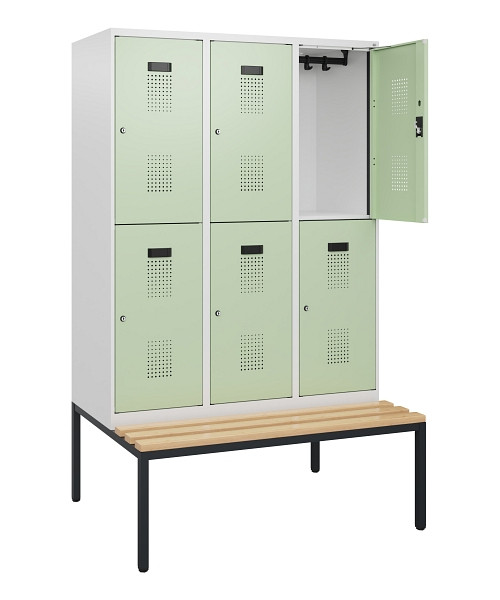 C+P Doppelstöckiger Spind Evolo PLUS, Bank, 6 Fächer, 1950x1200x815mm, 9016/6019, Zylinderschloss, Sitzfläche Buche-Hartholz, Sitzbank, 0493505-32 S10050