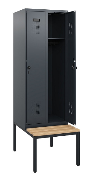 C+P Spind Evolo PLUS, 2 Abteile, 1950x600x815mm, 7016/7016, Drehriegel, Sitzfläche Holz, Sitzbank, 0490505-20 S10016