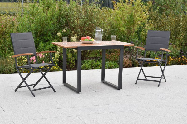 Merxx Paxos Set 3-teilig, 2 Paxos Klappsessel, gepolstert, graphit/grau, 1 Balkonausziehtisch 80 (120) x 70 cm, 51003-307