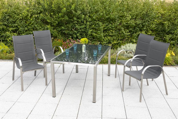 Merxx Lucca Set 5-teilig, 4 Lucca Stapelsessel, 1 Tisch 150 x 90 cm, silber/grau, Edelstahlgestell mit Textilbespannung, 50368-309