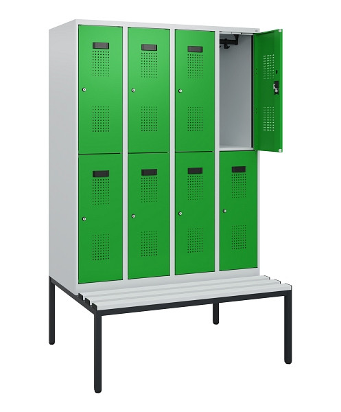 C+P Doppelstöckiger Spind Evolo PLUS, Bank, 8 Fächer, 1950x1200x815mm, 7035/6037, Zylinderschloss, Sitzfläche Kunststoff, Sitzbank, 0493505-40 S10146