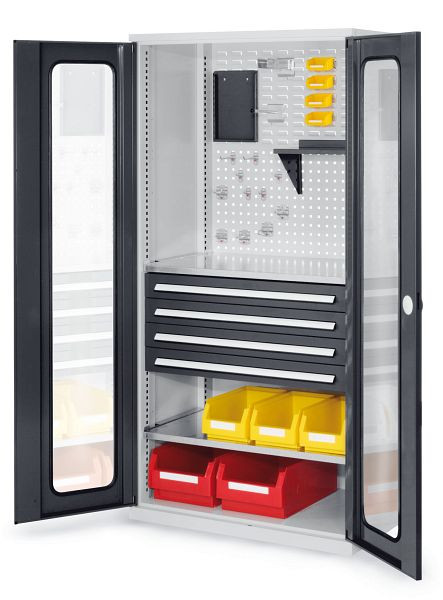Kappes RasterPlan Schubladenschrank, Modell 33, RAL 7035/7016, Sichtfenstertüren 1950 x 1000 x 600 mm, 4 Schubladen H 100 mm, 1460.03.5024