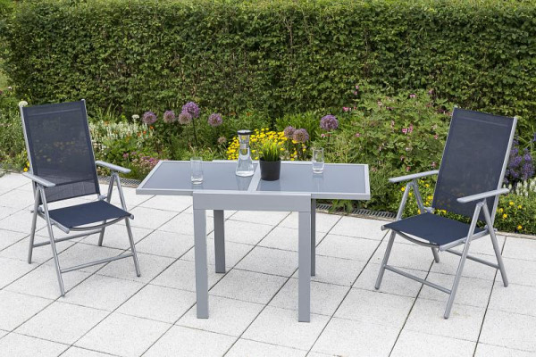 Merxx Amalfi Set 3-teilig, 2 Amalfi Klappsessel, Rückenlehne verstellbar, 1 Ausziehtisch 65 (130) x 65 cm, silber/marineblau, 50351-313
