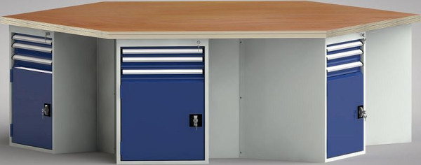 KLW PROFI-Werkbank in Sechseckform (ERGO-Version) mit Buchen-Multiplexplatte in 6-Eck-Form 2338 x 2700 x 45 mm L x B x S, WP620E-1350M45-E8010