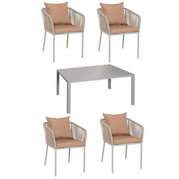 Mendler Gartengarnitur HWC-N41, Tisch+4xStuhl, wetterfest Alu 140x80cm, Seilgeflecht Rope, grau Kissen taupe, 106602+2x106618