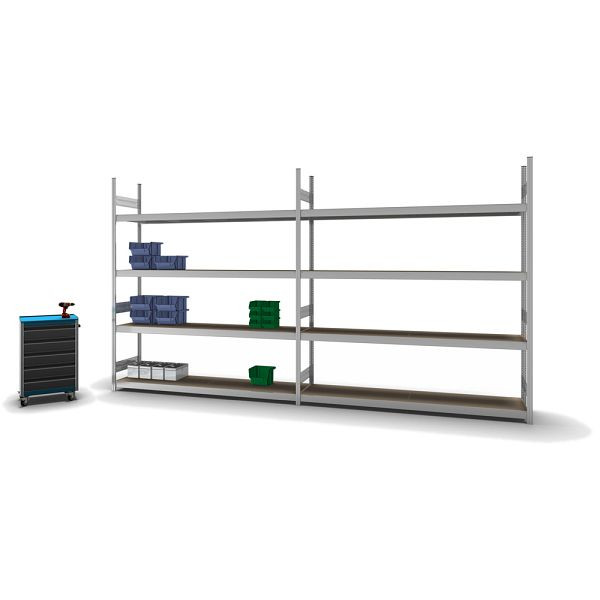 hofe Großfach-Grundregal, 2500x500x2200 mm, 4 Fachebenen, Spanplatte verzinkt, 350 kg Fachlast, 1750 kg Feldlast, zweiseitige Bedienung, GZG25522S