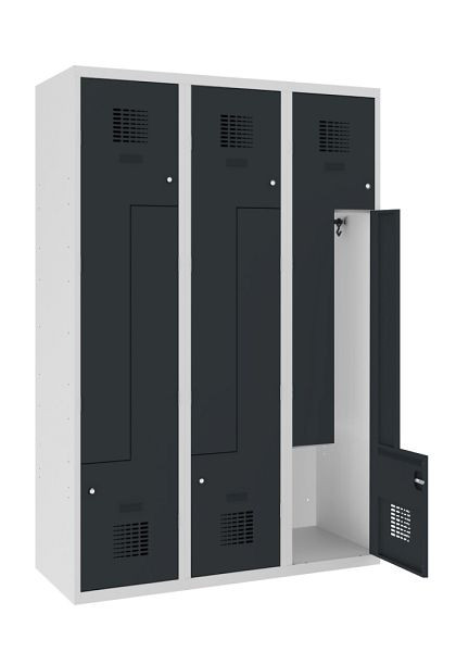 KEMMLIT Z-Spind mit 3 Abteilen und 6 Türen 40cm mit Sitzbank, Anthrazitgrau 7016, Zylinderschloss, 100215