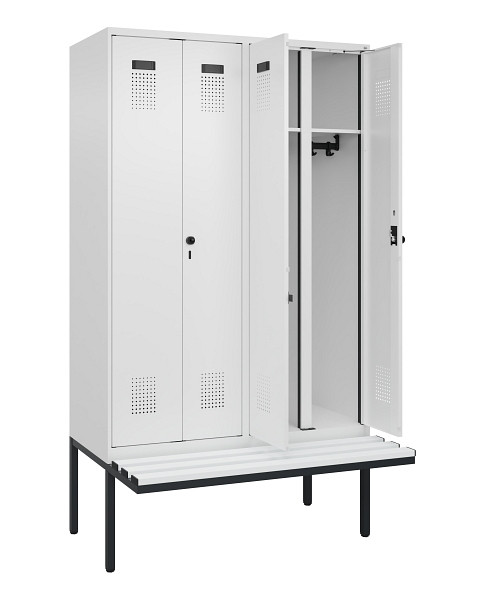 C+P Schwarz-Weiß-Spind Evolo PLUS, Bank, 4 Abteile, 2120x1200x815mm, 9016/9016, Drehriegel, Material Sitzfläche Kunststoff, 0490427-40 S10074