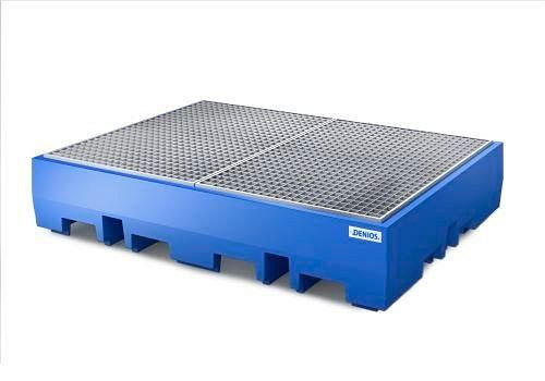 DENIOS Auffangwanne PolySafe ECO aus Polyethylen (PE), mit verzinkt Gitterrost, für 4 Fässer à 200 Liter (2x2), 236315