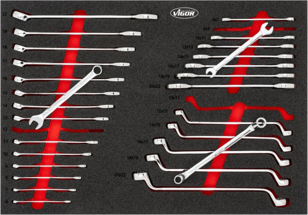 VIGOR Doppel-Maul-, Doppel-Ring- und Ring-Maulschlüssel Satz, 29-teilig, 6 x 7 – 20 x 22, 6 – 22 mm, Anzahl Werkzeuge: 29, V6726N