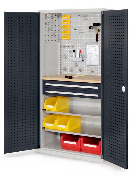 Kappes RasterPlan Schubladenschrank, Modell 14, RAL 7035/7016, Türinnenseite: Lochplatten, 1950 x 1000 x 600 mm, 2 Schubladen H 100 mm, 1460.04.3024