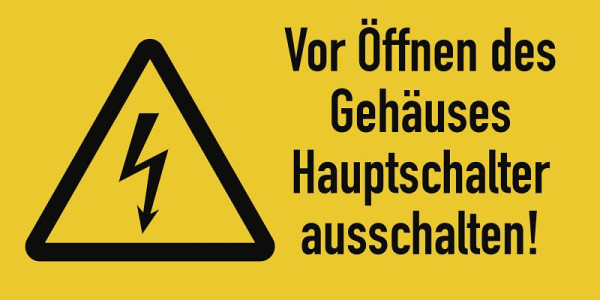 Moedel Vor Öffnen des Gehäuses Hauptschalter ausschalten!, Kombischild, Folie, 74x37 mm, VE: 10 Stück, 57956