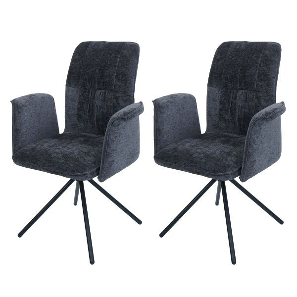 Mendler 2er-Set Esszimmerstuhl HWC-N99, drehbar Armlehne Auto-Return, Stoff/Textil Chenille (340g/m²) Öko-Tex, dunkelgrau, 110433
