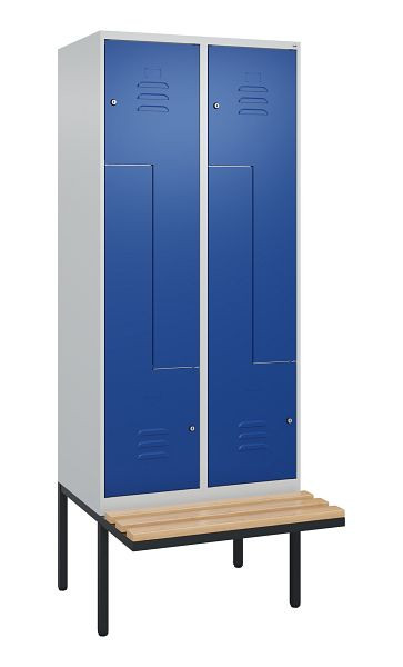 C+P Z-Spind Classic PLUS, Bank, 4 Abteile, 2120x800x815mm, 7035/5010, Zylinderschlösser, Buche-Sitzleisten, 0800437-224 S10018