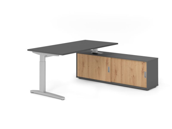 Hammerbacher Schreibtisch XB16, 160x80cm, Platte: Graphit, 25mm dick, C-Fuß Gestell Silber, höheneinstellbar, Graphit / Asteiche, VXBE16SB/G/S/G/R