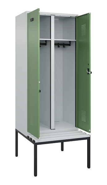 C+P Schwarz-Weiß-Spind Evolo PLUS, Bank, 2 Abteile, 2120x800x815mm, 7035/6011, Drehriegel, Sitzfläche Kunststoff, Sitzbank, 0490527-22 S10064