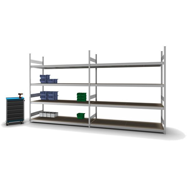 hofe Großfach-Grundregal, 2500x800x2200 mm, 4 Fachebenen, Spanplatte verzinkt, 350 kg Fachlast, 1750 kg Feldlast, zweiseitige Bedienung, GZG25822S