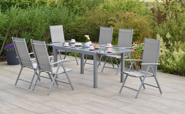 Merxx Amalfi Set 7-teilig, 6 Amalfi Klappsessel, Rückenlehne verstellbar, 1 Ausziehtisch 140 (200) x 90 cm, silber/diamantbraun, 50350-330