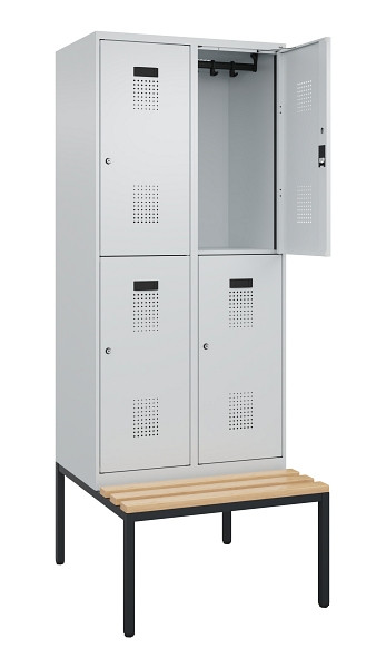 C+P Doppelstock-Spind Evolo PLUS, Bank, 4 Fächer, 2120x800x815mm, 7035/7035, Zylinderschloss, Sitzfläche Buche-Hartholz, Sitzbank, 0493507-22 S10040