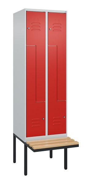 C+P Z-Spind Classic PLUS, Bank, 4 Abteile, 2120x600x815mm, 7035/3020, Zylinderschlösser, Buche-Sitzleisten, 0800437-204 S10017