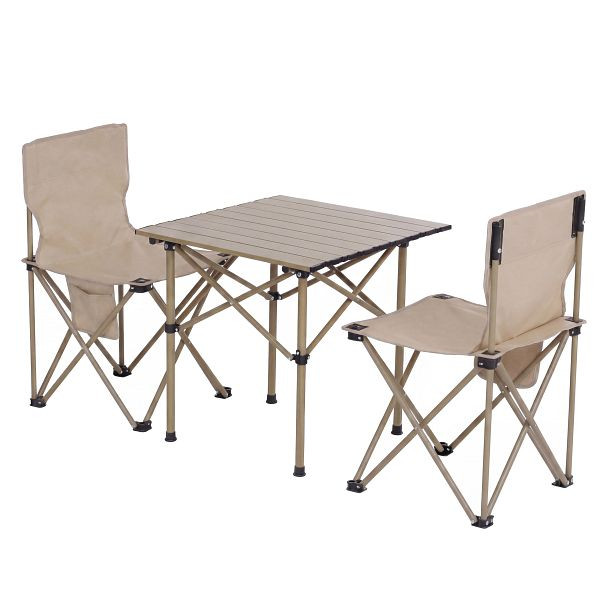 Mendler Campingset HWC-Q39, Tisch 2x Stuhl Klappstuhl Anglerstuhl faltbar, Metall Stoff, creme, 106794