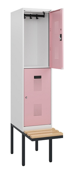 C+P Doppelstock-Spind Evolo PLUS, Bank, 2 Fächer, 1950x400x815mm, 9016/3015, Zylinderschloss, Sitzfläche Buche-Hartholz, 0493405-12 S10045