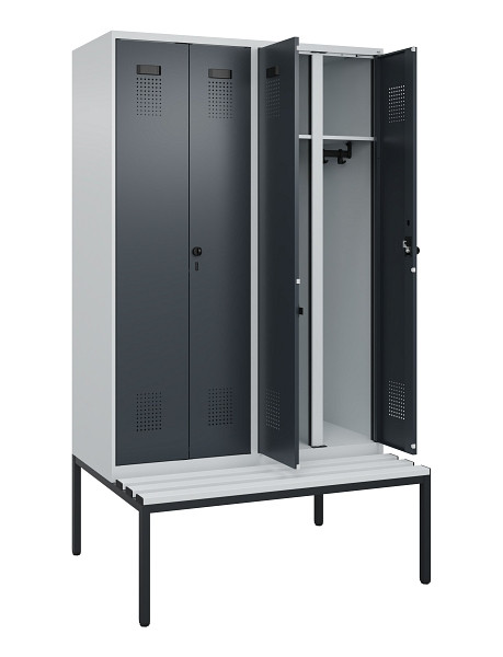 C+P Schwarz-Weiß-Spind Evolo PLUS, Bank, 4 Abteile, 2120x1200x815mm, 7035/7016, Drehriegel, Sitzfläche Kunststoff, Sitzbank, 0490527-40 S10066