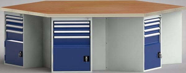 KLW PROFI-Werkbank in Sechseckform (ERGO-Version) mit Buchen-Multiplexplatte in 6-Eck-Form 2338 x 2700 x 45 mm L x B x S, WP620E-1350M45-E8016