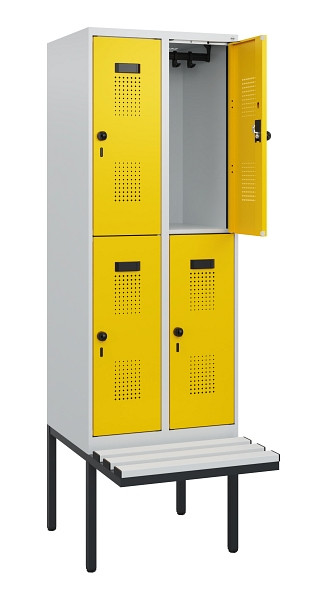 C+P Doppelstock-Spind Evolo PLUS, Bank, 4 Fächer, 1950x600x815mm, 7035/1023, Drehriegel, Sitzfläche Kunststoff, 0493405-20 S10083