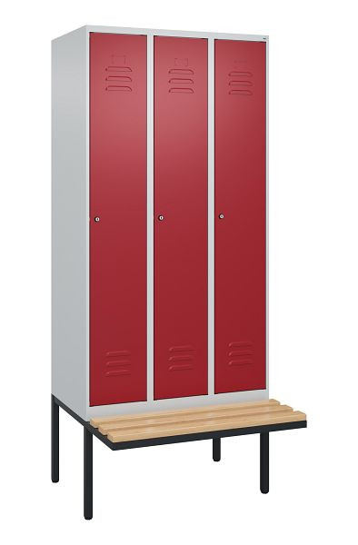C+P Umkleidespind Classic PLUS, 3 Abteile, 2120x900x815mm, 7035/3003, Zylinderschlösser, Buche-Sitzleisten, 3 Doppel-Haken, 0800407-30 S10046