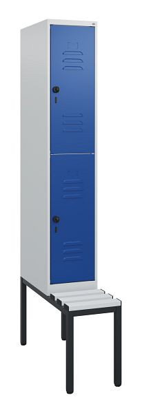 C+P Doppelstöckiger Spind Classic PLUS, Bank, 1950x300x815mm, 7035/5010, Drehriegel, mit untergebauter Sitzbank, 0803505-10 S10063