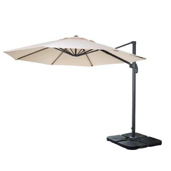 Mendler Gastronomie-Ampelschirm HWC-A96, Sonnenschirm, rund Ø 3m Polyester Alu/Stahl 23kg, creme mit Ständer, drehbar, 138535+31831+122472