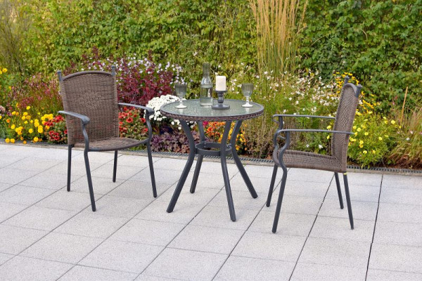 Merxx Roma Set 3-teilig, 2 Stapelsessel, 1 Tisch Ø 70 cm, matte Glasplatte, Graphit/braun, Alumiuniumgestell mit Kunststoffgeflecht, 50738-210