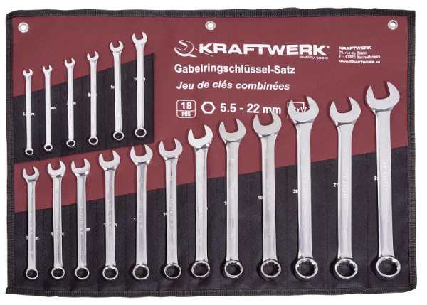 Kraftwerk Gabelringschlüssel Satz 5,5 -22mm 18- teilig in Rolltasche, 3557R