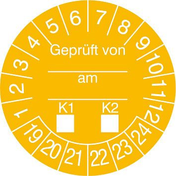 SafetyMarking Prüfplakette, Geprüft von...am...K1-K2, Prüfzeitraum: 19-24, Ø 3 cm, Folie, selbstklebend, VE: 15 Stück/Bogen, 30.0808-19-24