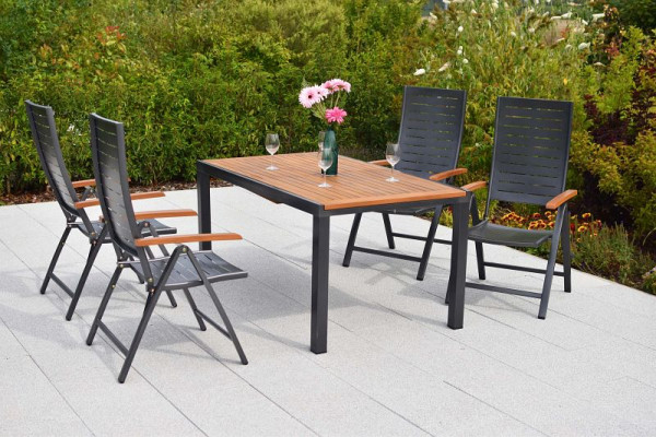 Merxx Tinos Set 5-teilig, 4 Tinos Klappsessel, folierte Armlehnen, Holzoptik, 1 Tisch 150 (200) x 90 cm, Tischplatte Akazienholz, 50394-217