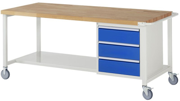RAU Fahrbare Werkbank 8000 - Modell 8157, B2000 x T900 x H880-1080 mm, Systemunterbau B1995 x T850 mm, 3 Schubladen, 05-8157A6-209B4H.11