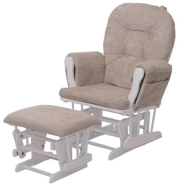 Mendler Relaxsessel HWC-C76, Schaukelstuhl Schwingstuhl mit Hocker Stoff Chenille (465g/m²) Öko-Tex, creme, Gestell weiß, 109015
