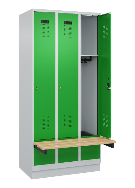 C+P Spind Evolo PLUS, 3 Abteile, 1950x900x815mm, 7035/6037, Zylinderschloss, Sitzfläche Holz, mit Sockel, 049040-30 S10038